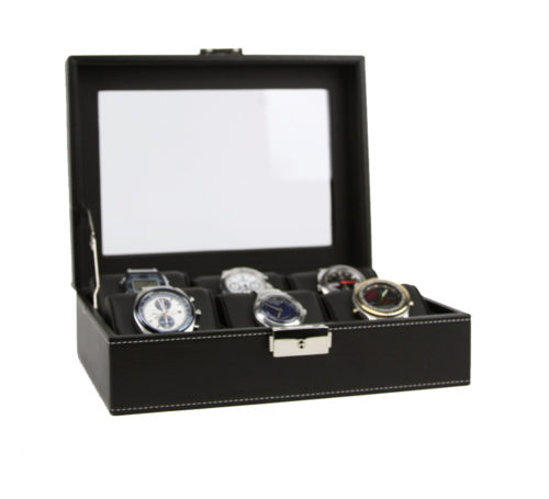 Caja vitrina para relojes y joyas de piel negra con relojes