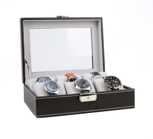 Caja vitrina para relojes y joyas de piel gris con relojes