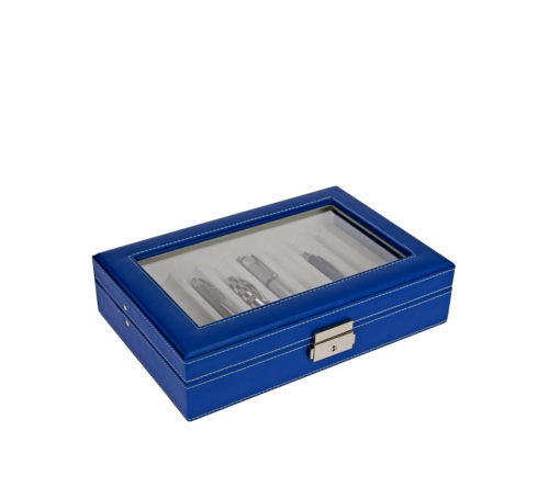 Caja vitrina azul para plumas y bolígrafos