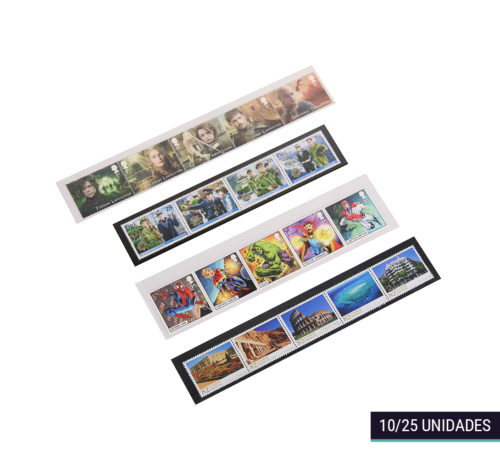 Packs de 10 o 25 estuches protectores para sellos tamaño mediano con fondo negro o transparente de la marca Filober