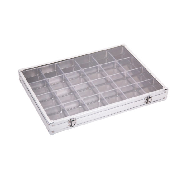 Caja vitrina aluminio para minerales, figuras…, 24 comp.