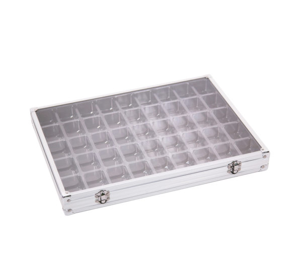 Caja vitrina aluminio para minerales, figuras y otros, 45 comp.