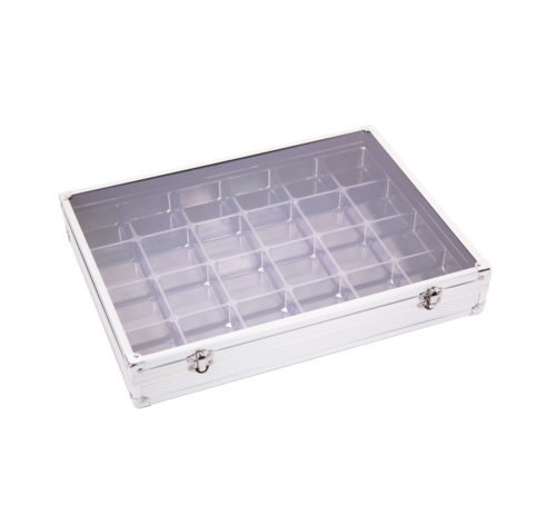 Caja vitrina aluminio para minerales, miniaturas..., alt. 65 mm